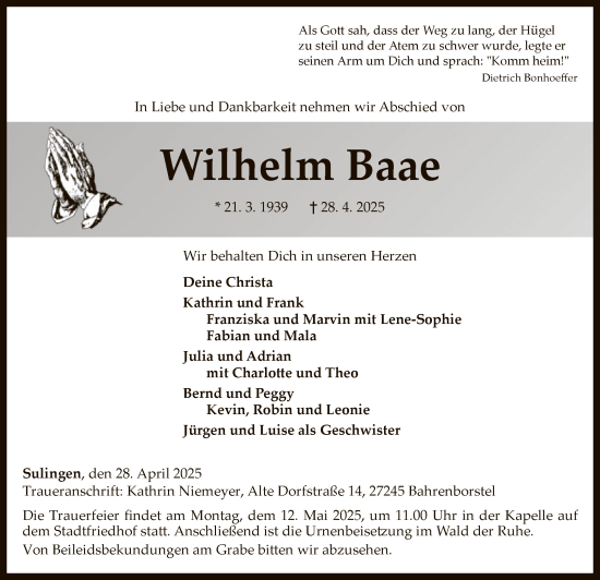 Todesanzeige von Wilhelm Baae von SYK