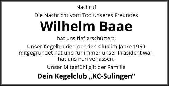 Todesanzeige von Wilhelm Baae von SYK