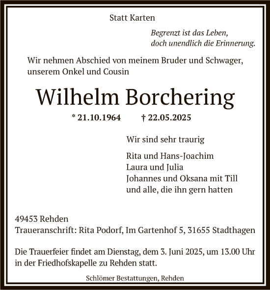 Todesanzeige von Wilhelm Borchering von SYKS
