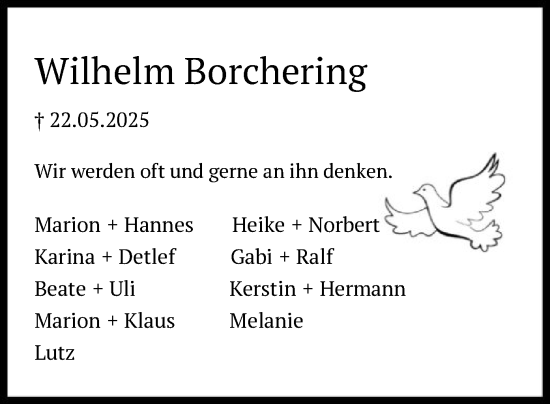 Todesanzeige von Wilhelm Borchering von SYKS