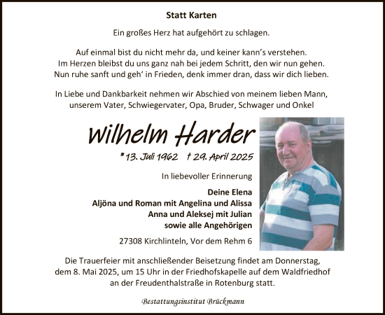 Todesanzeige von Wilhelm Harder von SYK