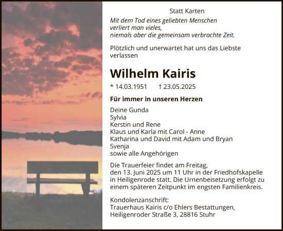 Todesanzeige von Wilhelm Kairis von SYKS