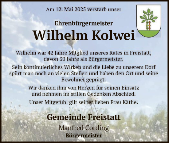 Todesanzeige von Wilhelm Kolwei von SYK