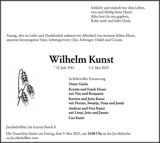 Todesanzeige von Wilhelm Kunst von SYK