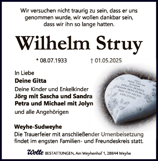Todesanzeige von Wilhelm Struy von SYK