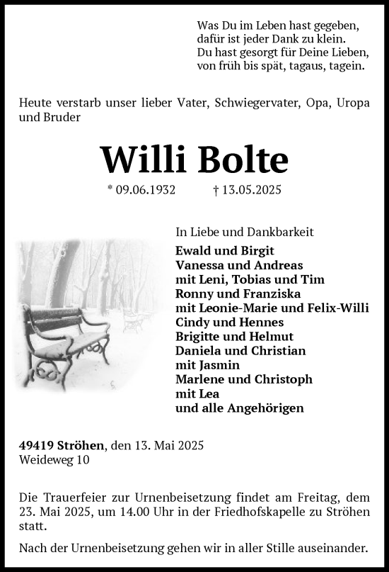 Todesanzeige von Willi Bolte von SYK