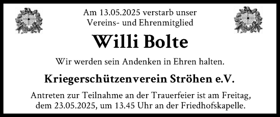 Todesanzeige von Willi Bolte von SYK
