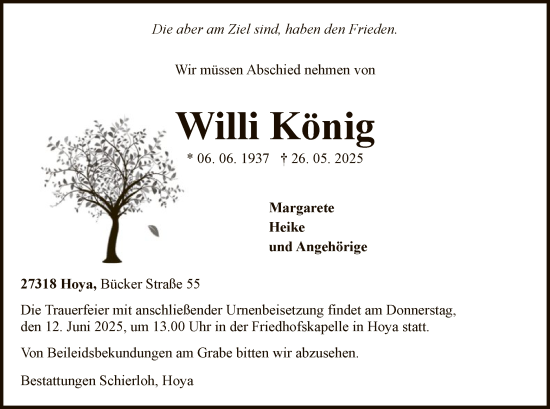 Todesanzeige von Willi König von SYKS