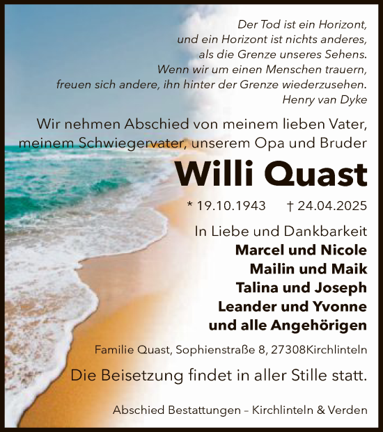 Todesanzeige von Willi Quast von SYK
