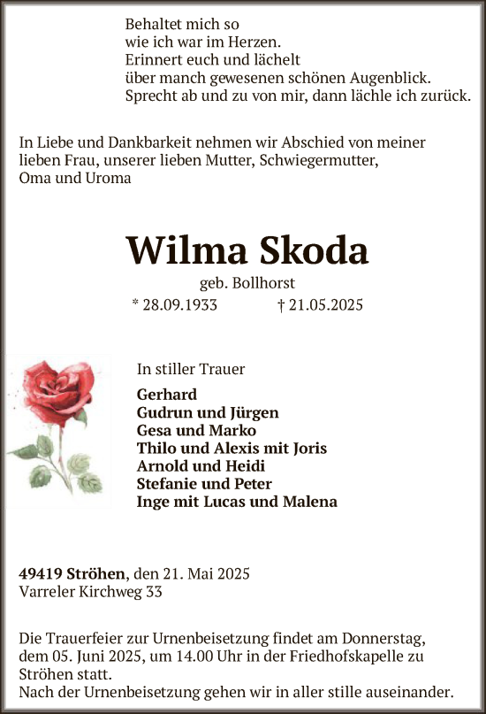 Todesanzeige von Wilma Skoda von SYKS