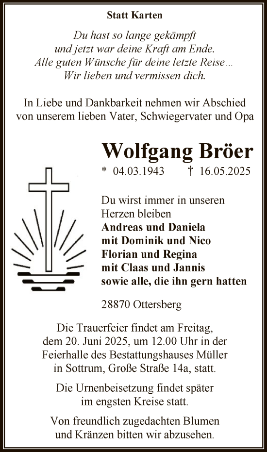 Todesanzeige von Wolfgang Bröer von SYKS