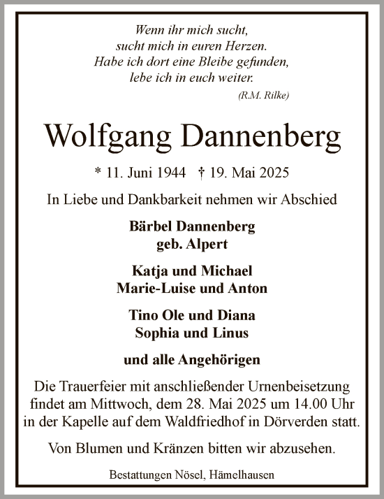 Todesanzeige von Wolfgang Dannenberg von SYKS