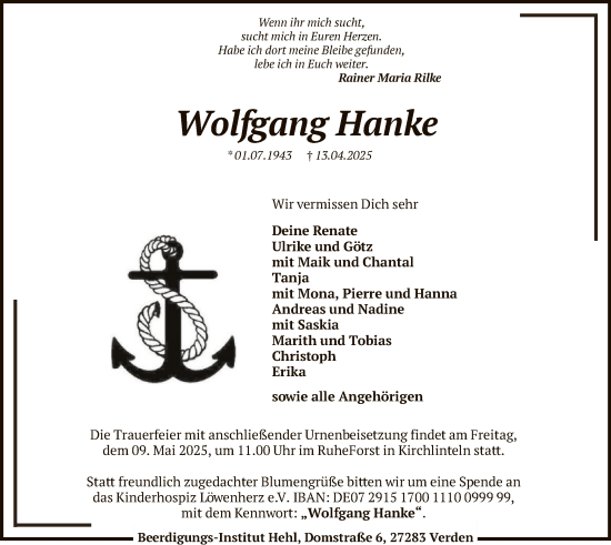 Todesanzeige von Wolfgang Hanke von SYK