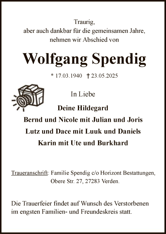 Todesanzeige von Wolfgang Spendig von SYKS