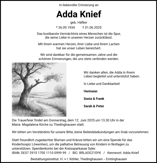 Todesanzeige von Adda Knief von SYKS