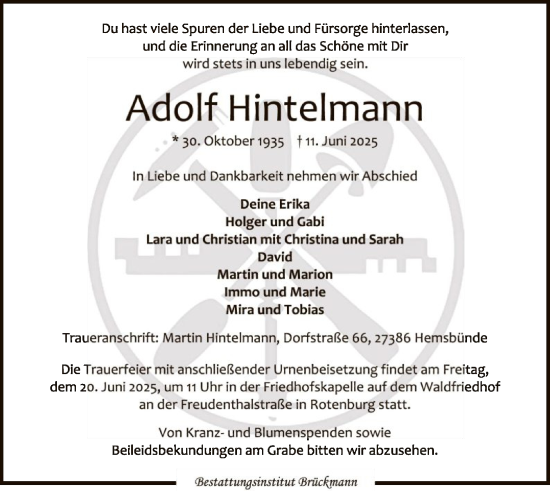 Todesanzeige von Adolf Hintelmann von SYKR