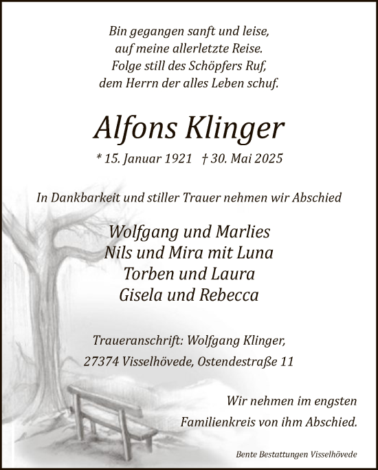 Todesanzeige von Alfons Klinger von SYKR