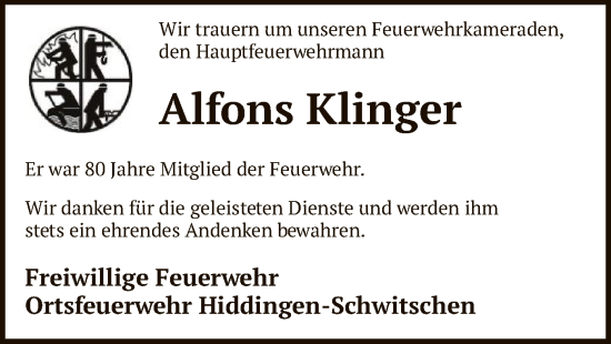 Todesanzeige von Alfons Klinger von SYKR
