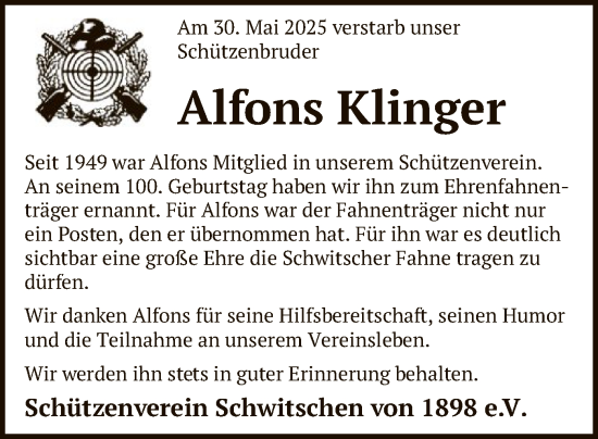 Todesanzeige von Alfons Klinger von SYKR