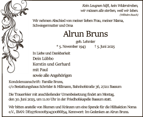 Todesanzeige von Alrun Bruns von SYKS
