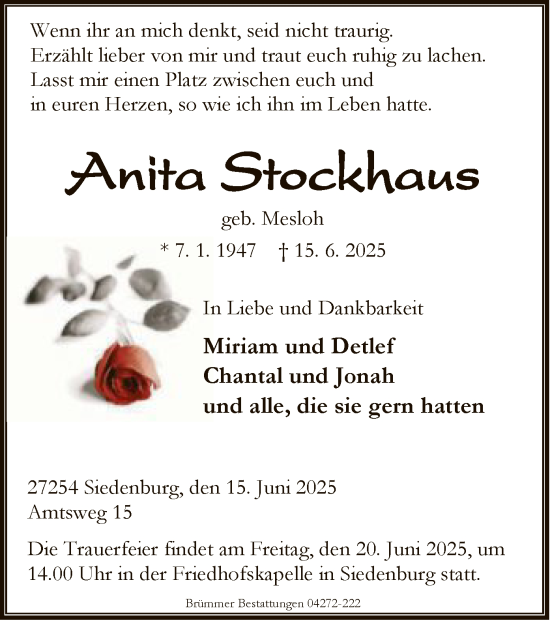 Todesanzeige von Anita Stockhaus von SYKS