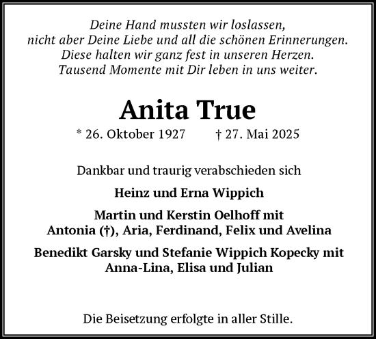 Todesanzeige von Anita True von SYKS