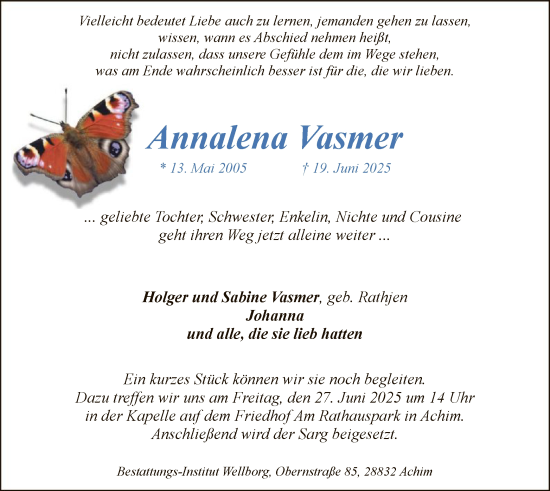 Todesanzeige von Annalena Vasmer von SYKS