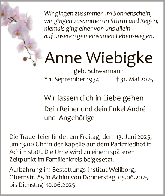 Todesanzeige von Anne Wiebigke von SYKS