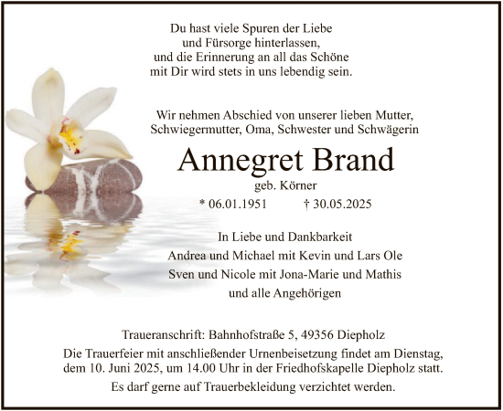 Todesanzeige von Annegret Brand von SYKS