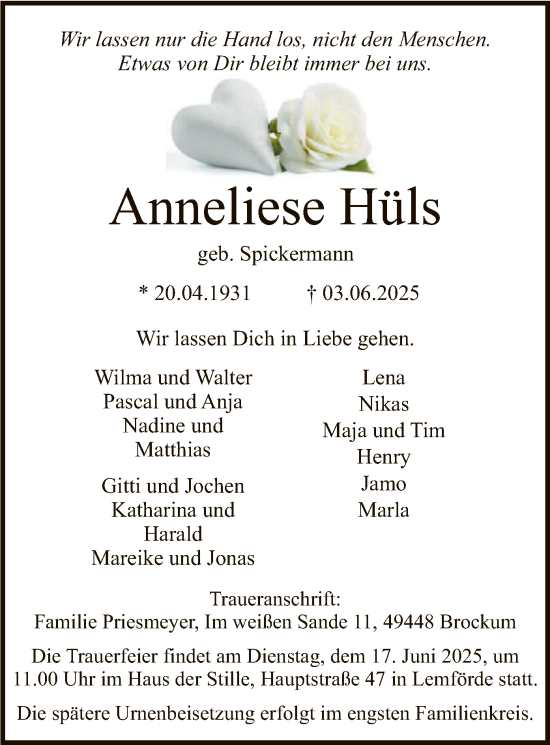 Todesanzeige von Anneliese Hüls von SYKS