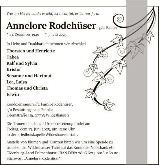 Todesanzeige von Annelore Rodehüser von SYWZ