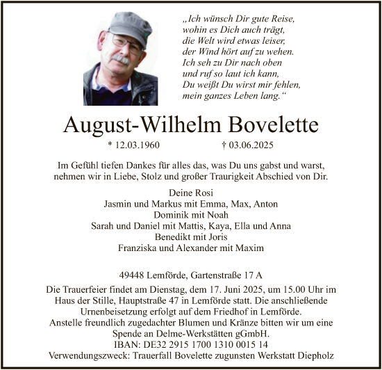 Todesanzeige von August-Wilhelm Bovelette von SYKS