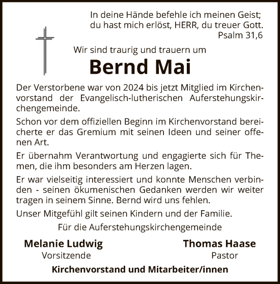 Todesanzeige von Bernd Mai von SYKR