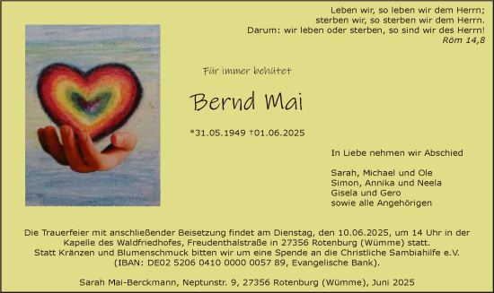 Todesanzeige von Bernd Mai von SYKR