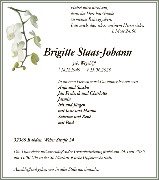 Todesanzeige von Brigitte Staas-Johann von SYKS