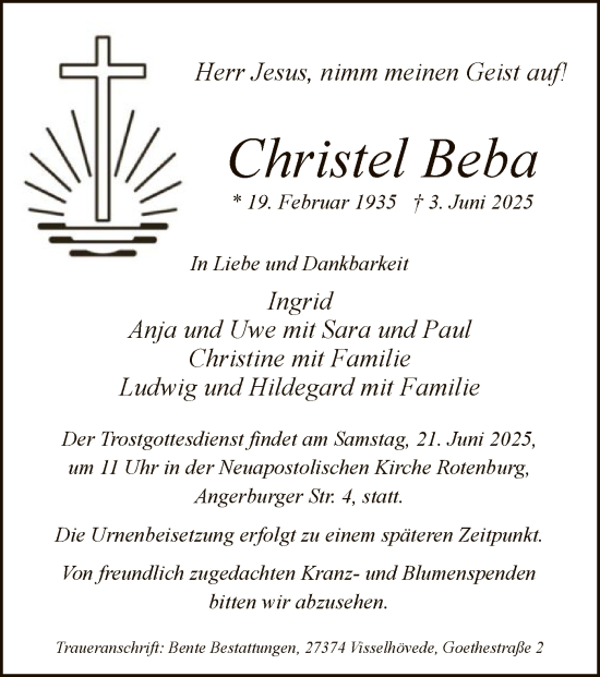 Todesanzeige von Christel Beba von SYKR