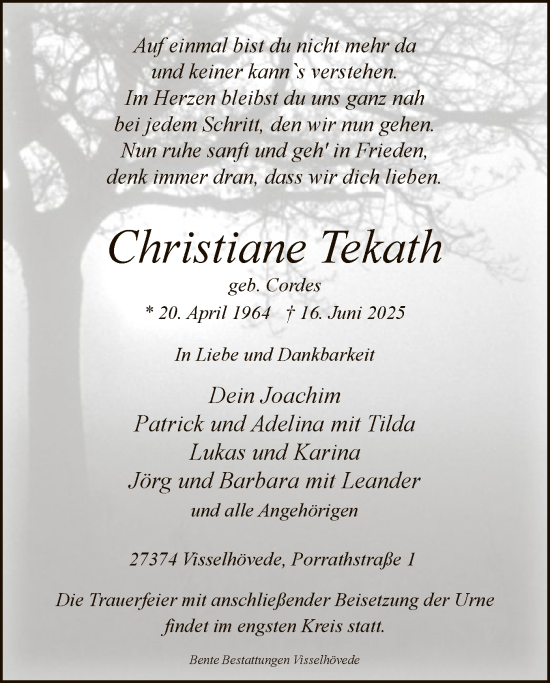 Todesanzeige von Christiane Tekath von SYKR