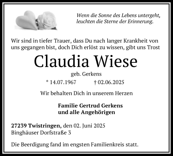 Todesanzeige von Claudia Wiese von SYKSSYKS