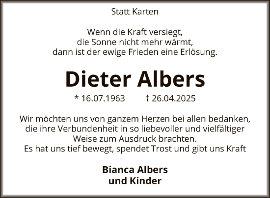 Todesanzeige von Dieter Albers von SYKS