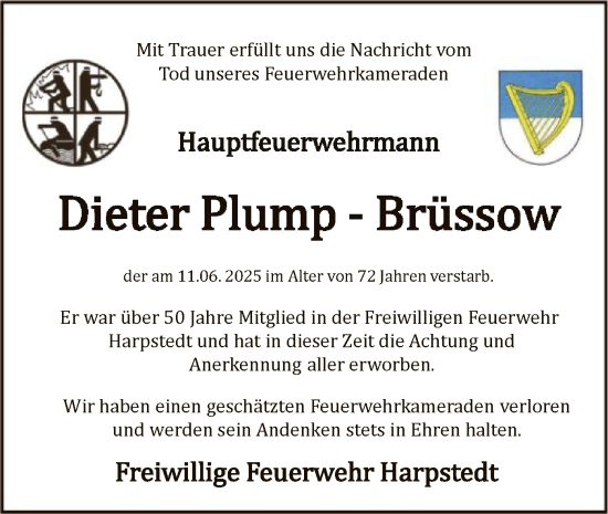 Todesanzeige von Dieter Plump-Brüssow von SYKS