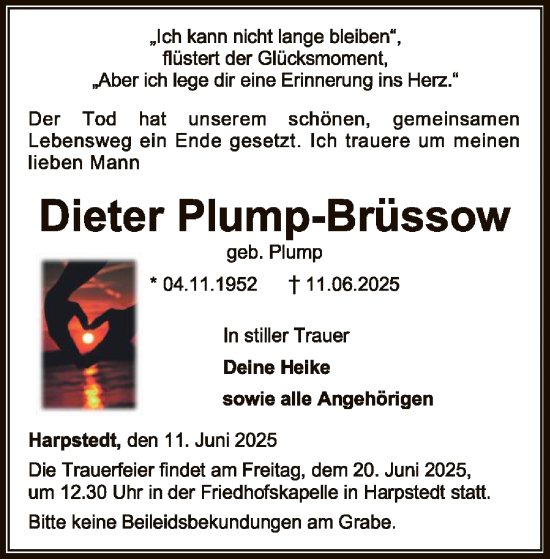 Todesanzeige von Dieter Plump-Brüssow von SYWZSYKS