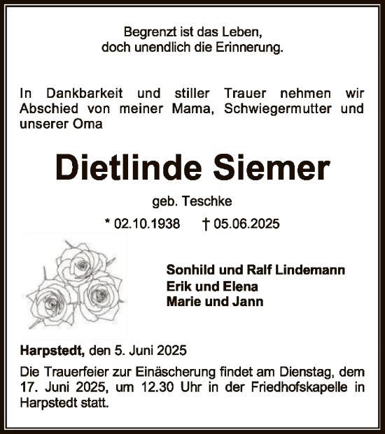 Todesanzeige von Dietlinde Siemer von SYKSSYWZ