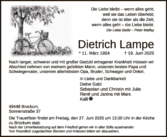 Todesanzeige von Dietrich Lampe von SYKS