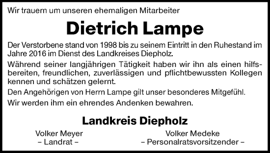 Todesanzeige von Dietrich Lampe von SYKS