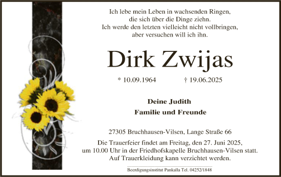 Todesanzeige von Dirk Zwijas von SYKS