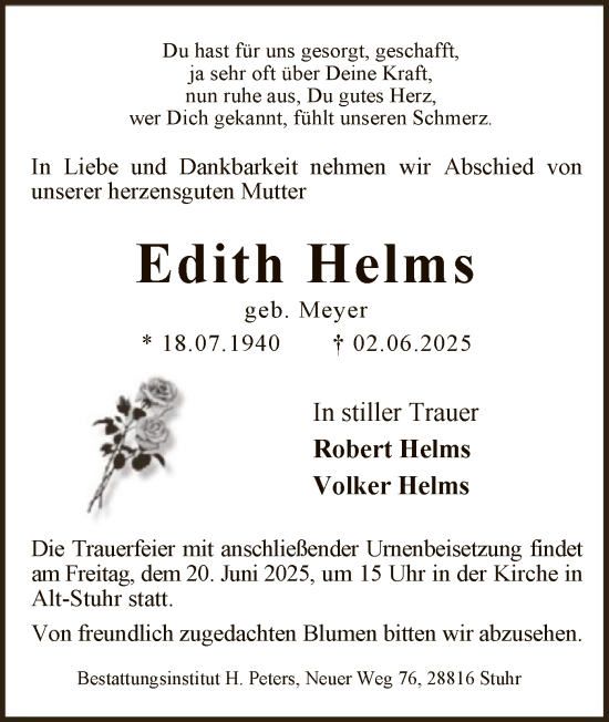 Todesanzeige von Edith Helms von SYKS
