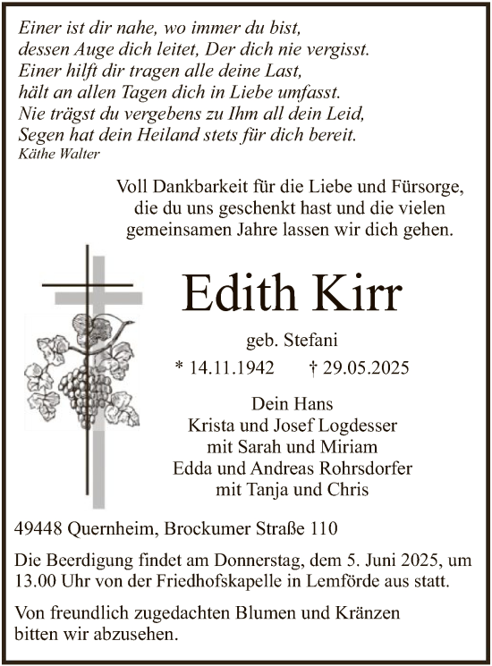 Todesanzeige von Edith Kirr von SYKS