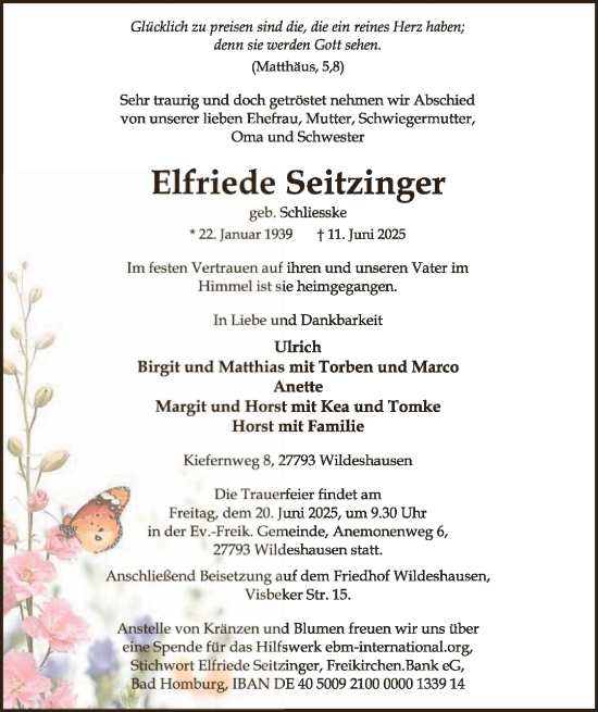 Todesanzeige von Elfriede Seitzinger von SYWZ