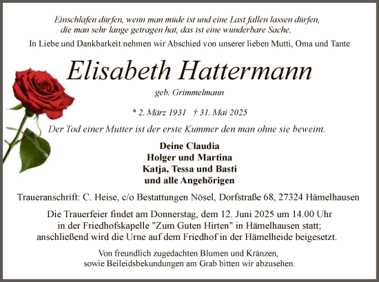Todesanzeige von Elisabeth Hattermann von SYKS