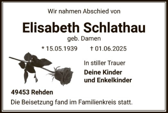 Todesanzeige von Elisabeth Schlathau von SYKS